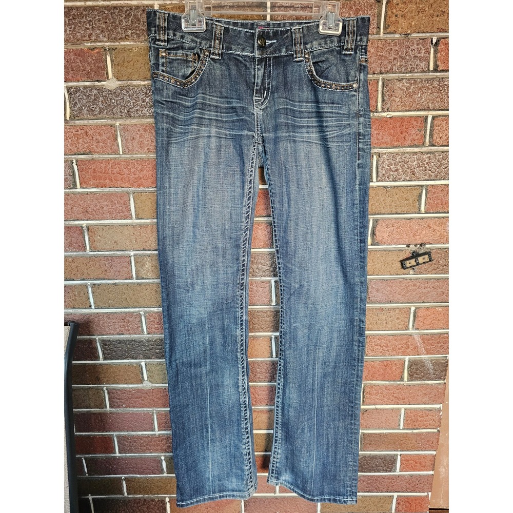 Rock & Roll Cowgirl Y2K Western Low Rise Bootcut Jeans Studded Cross 29x34